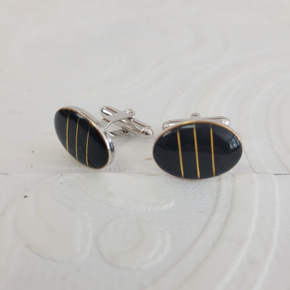 Vintage Black Enamel Oval Cufflinks Gold Silver Tone Formal Onyx Style